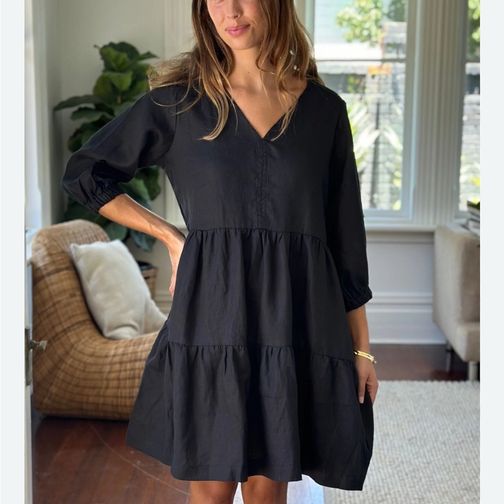 Mimosa Designer Navy  V-Neck Tiered Dress. Made in Italy